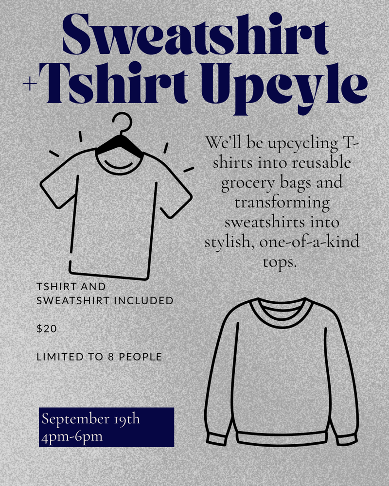Sweatshirt and T-Shirt Upcycle Craft Night — September 19th, 4 to 6pm, $20 per person, limited to 8 people